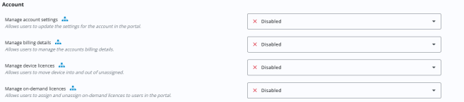Account permissions. It displays four permission settings, each with a description and a dropdown menu set to Disabled. The permissions are: Manage account settings, Manage billing details, Manage device licences, and Manage on-demand licences. Each row includes a red "X" icon indicating the permission is disabled and a drop-down arrow for changing the setting. Blue icons next to each permission indicate account-level access.